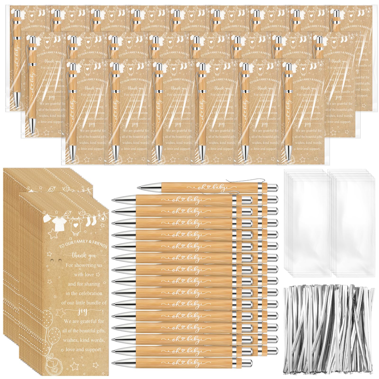 Zhanmai 72 Set Baby Shower Favors Bamboo Thank You Pens Cards Bags