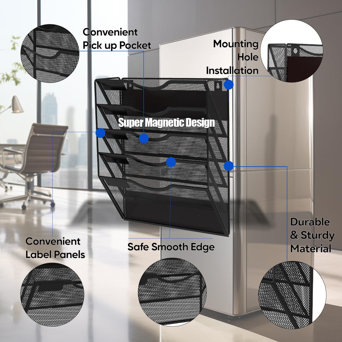 LQPAFZ 5-Tier Magnetic File Holder, No Drilling Installation File Cabinet Organizer, Black Magnetic
