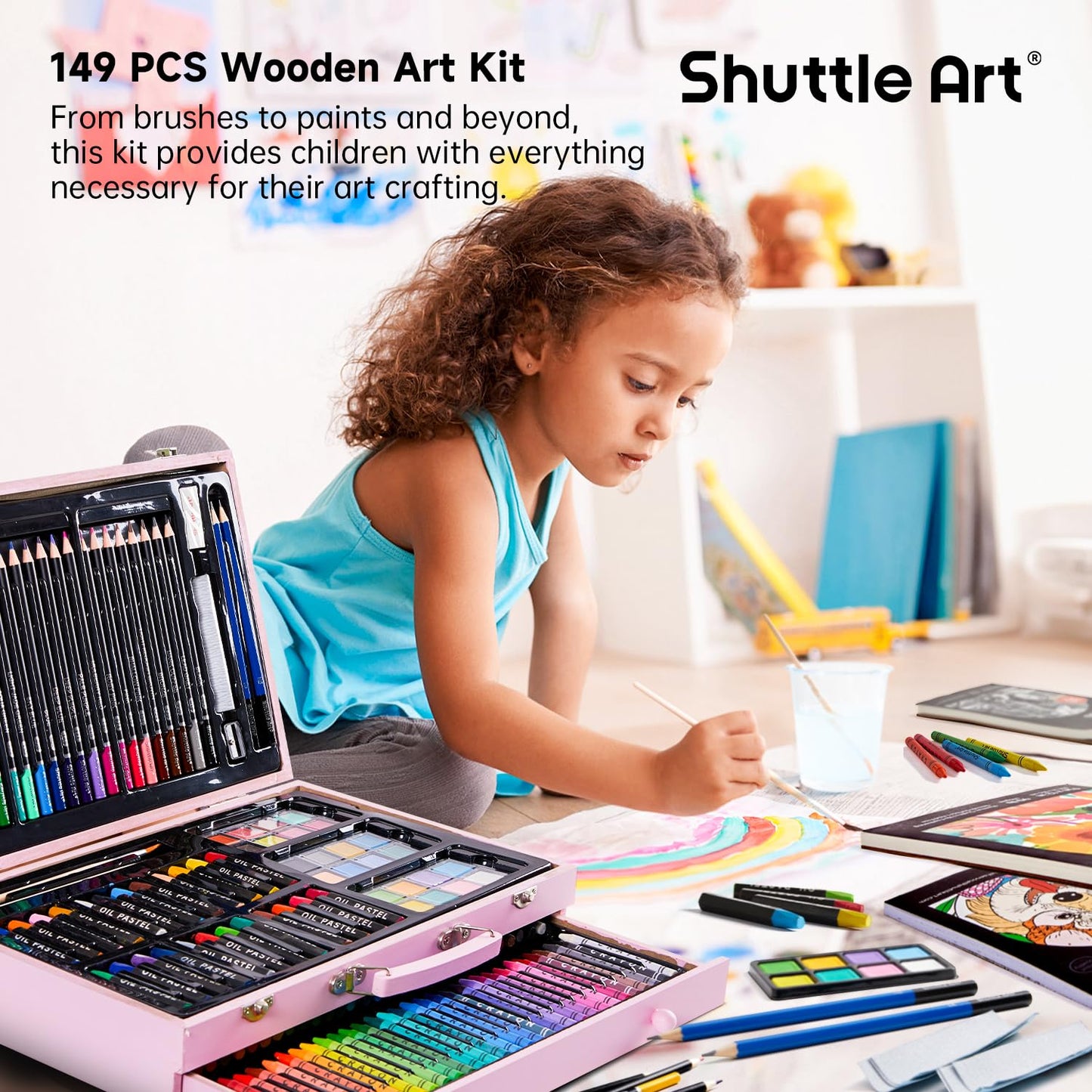 Shuttle Art 149 Piece Deluxe Art Set, Art Supplies in Wooden Case, Painting Drawing Art Kit with