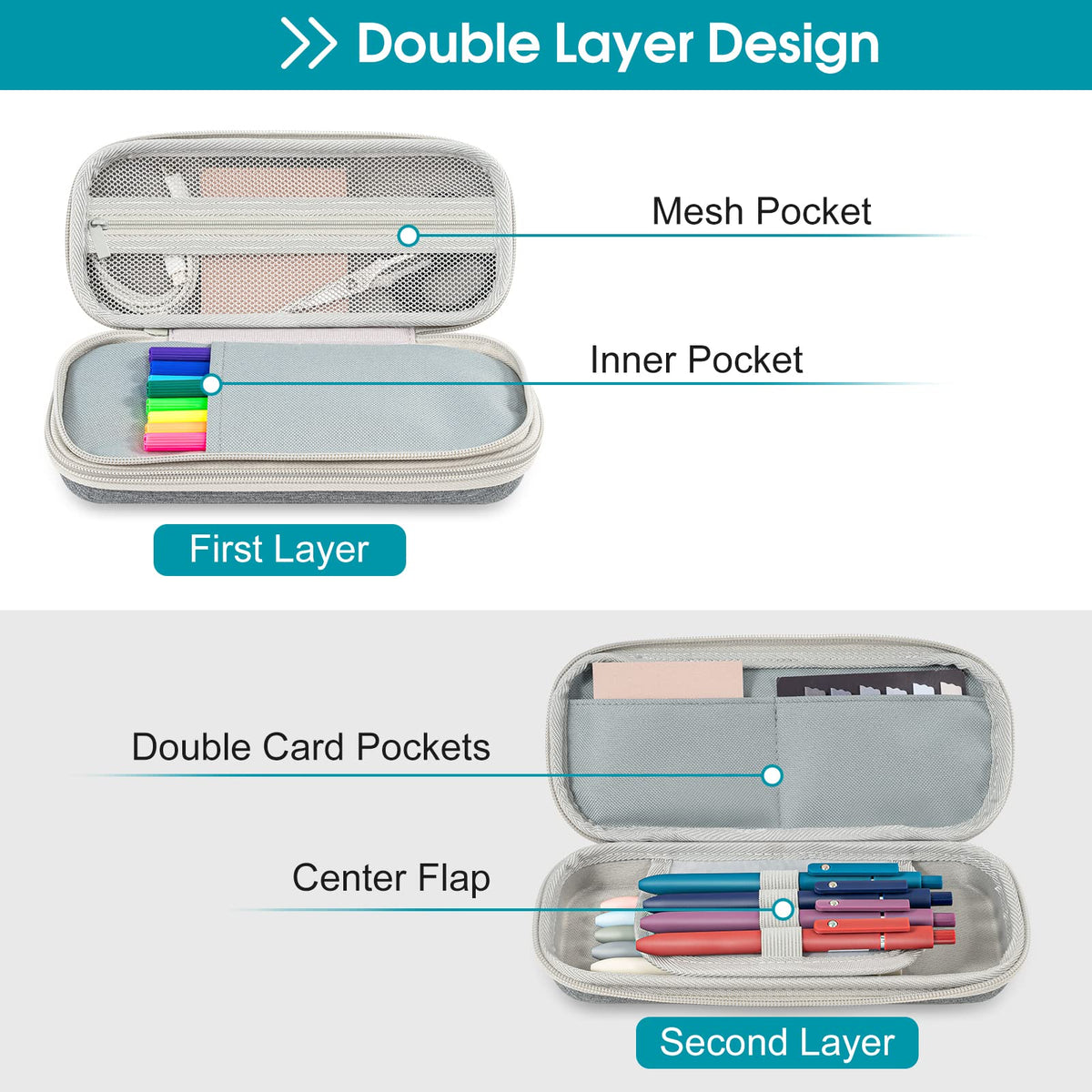 ProCase 2-Layer Hard Pencil Case, Large Capacity Storage Box Pouch, Grey