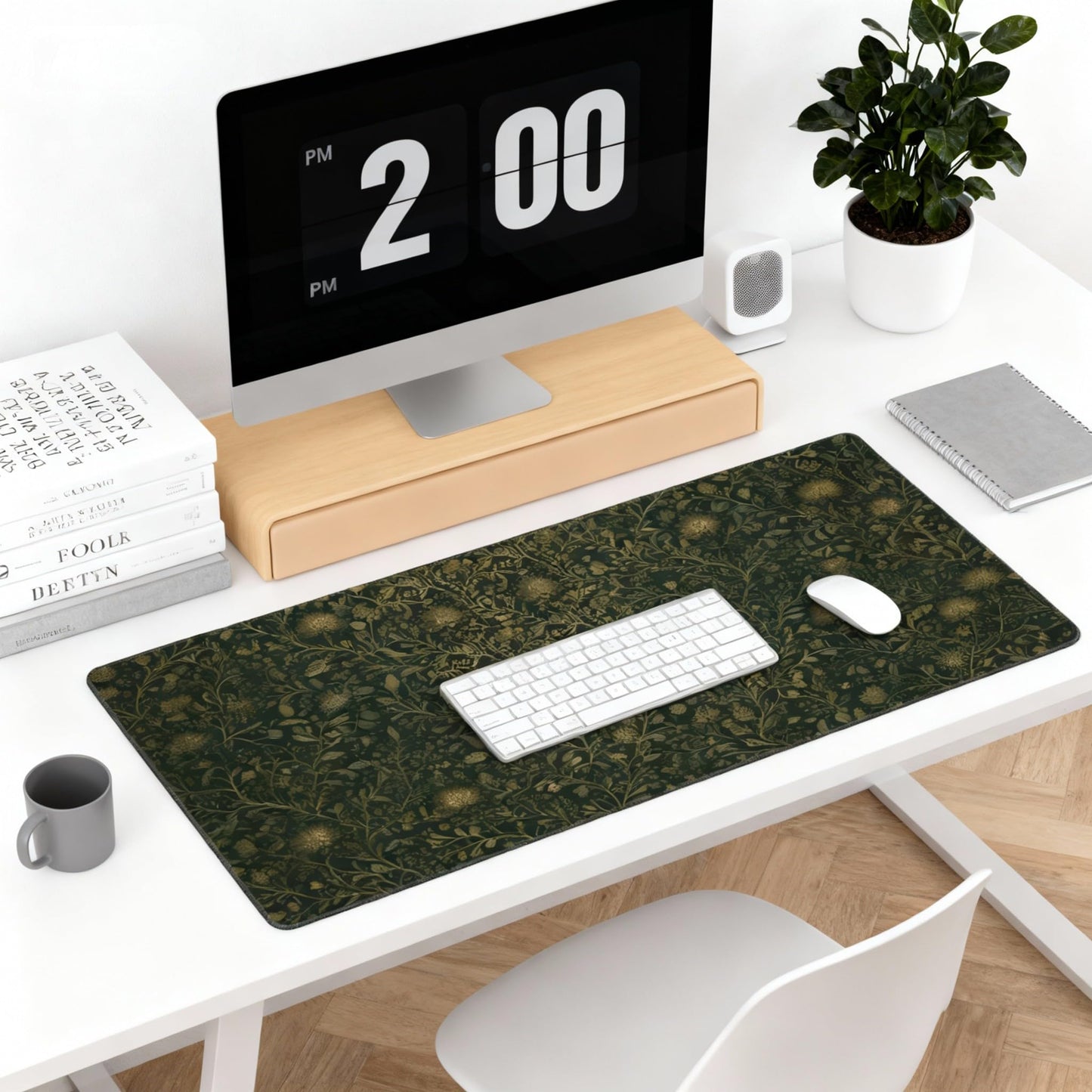 Dark Green Floral Desk Mat Gold Flowers XXL Large Desk Pad - Anti-Slip Stitched Edges Mouse Pad for