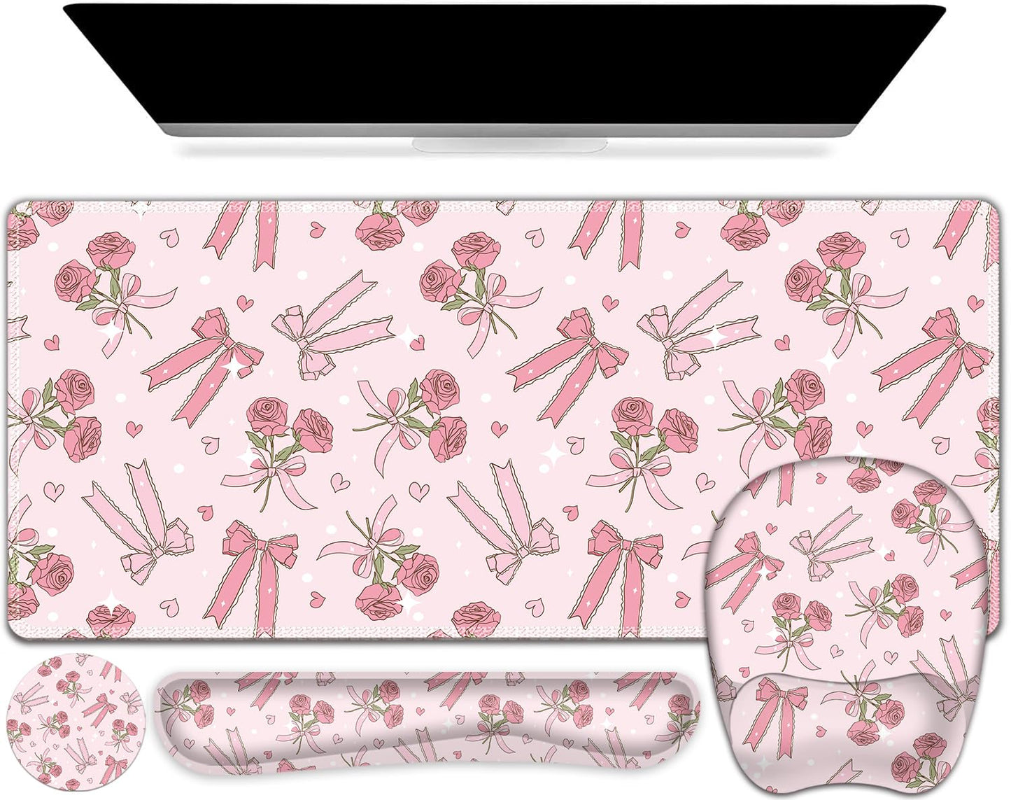 Pink Mouse Pad with Wrist Support 4 in1 Set, XXL Big Game Mousepad + Keyboard Wrist Rest + Mouse
