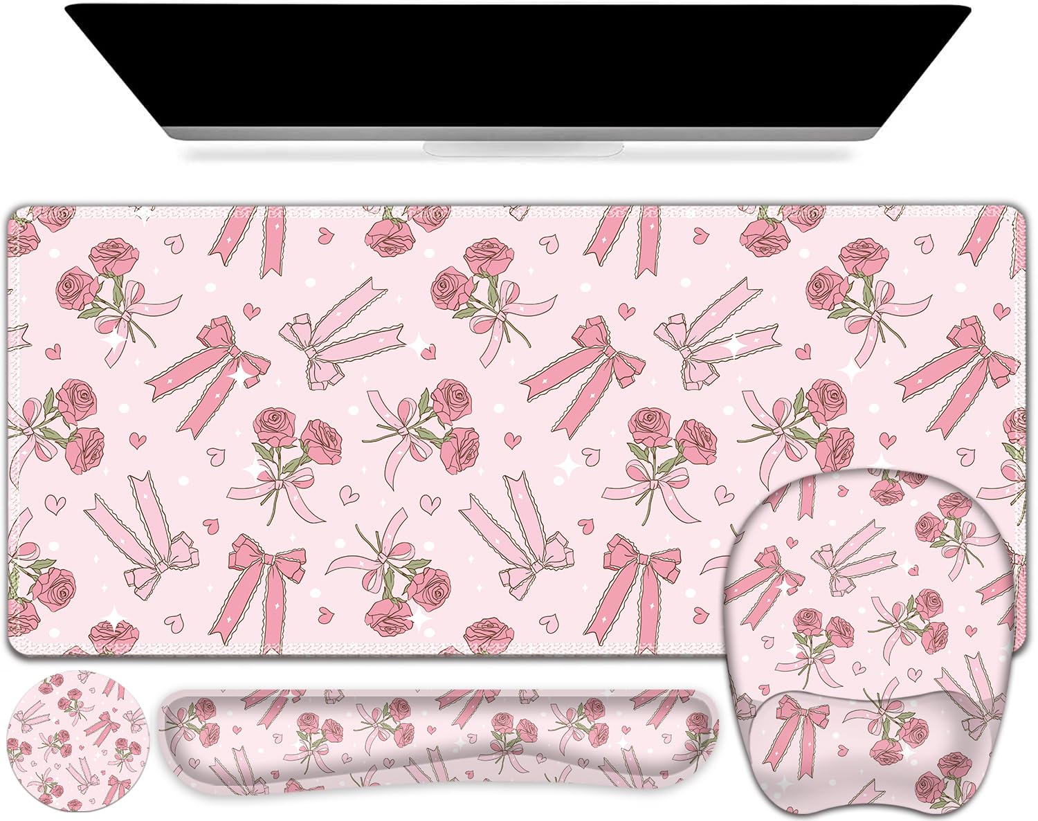Pink Mouse Pad with Wrist Support 4 in1 Set, XXL Big Game Mousepad + Keyboard Wrist Rest + Mouse