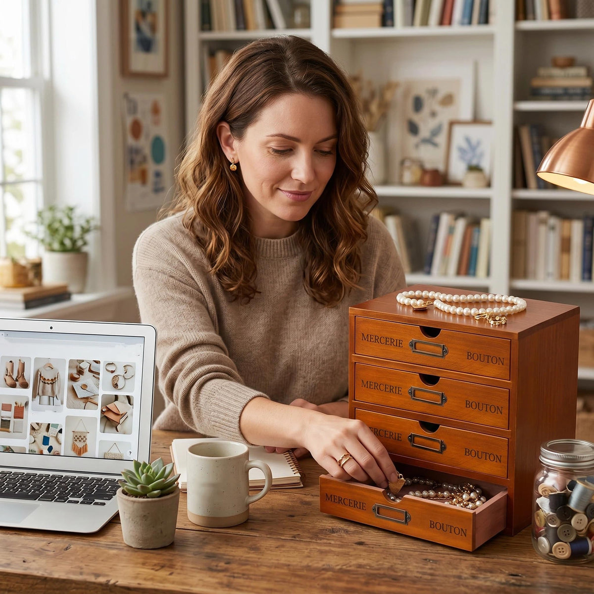 Wesiti Wooden Desk Organizer, 4 Drawers, Vintage Makeup Cabinet, Brown
