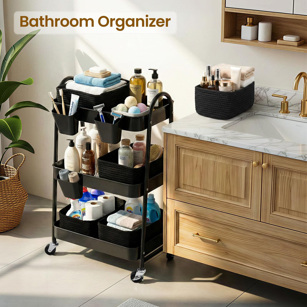 3-Tier Rolling Utility Cart with 4 Woven Baskets, Diaper Book Snack Cart, Storage Organizer for