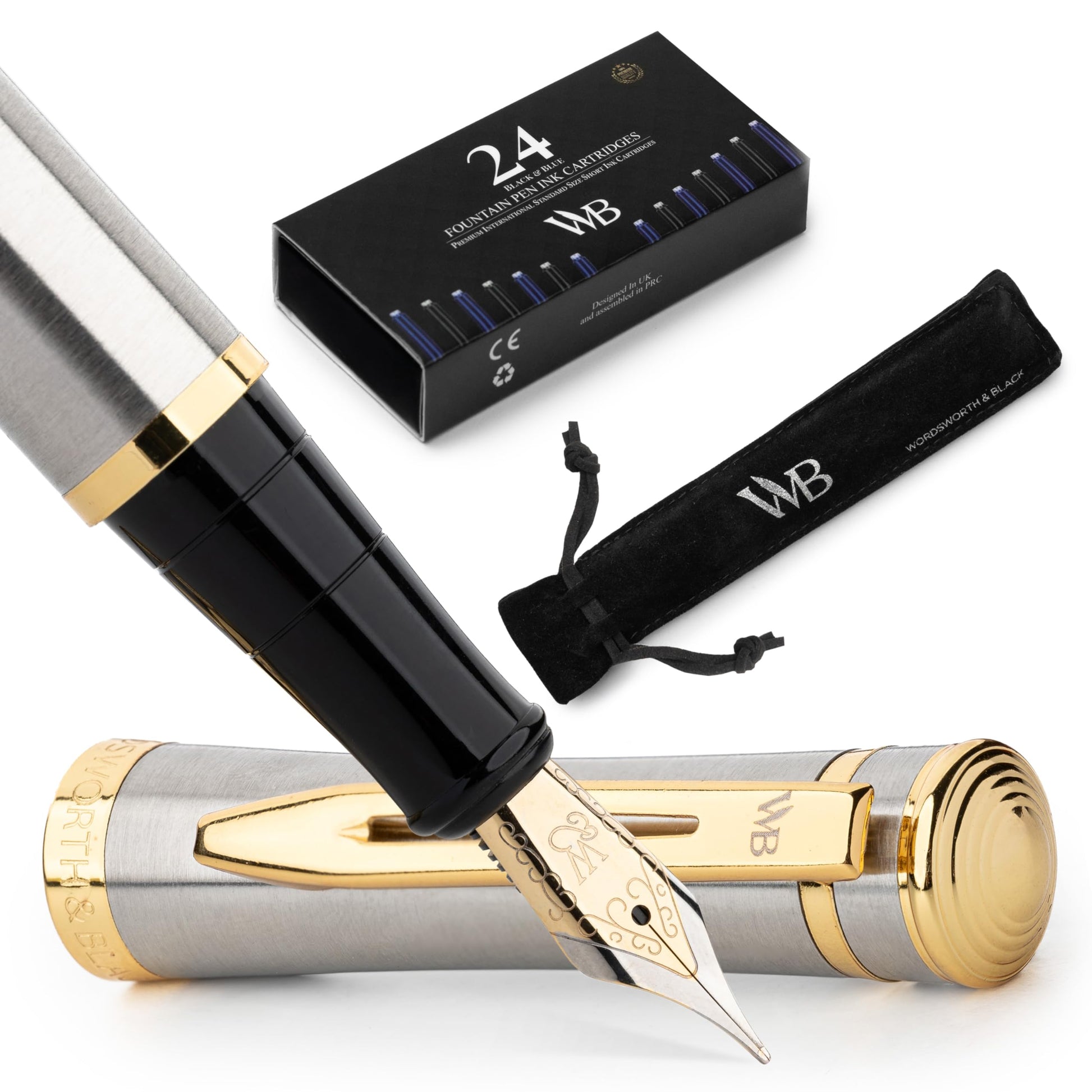 Wordsworth & Black Luxury Fountain Pen Set for Writing, Medium Nib, Silver