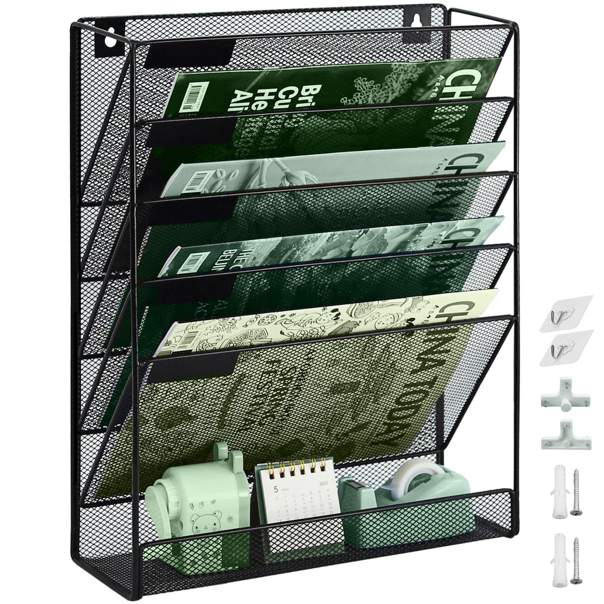 ideallife 5 Pockets Mesh Wall File Holder Organizer with Bottom Flat Tray, Office Hanging File