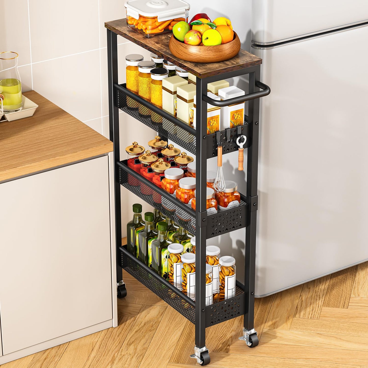 Vivihomety 4-Tier Slim Utility Rolling Laundry Cart with Wheels, Metal