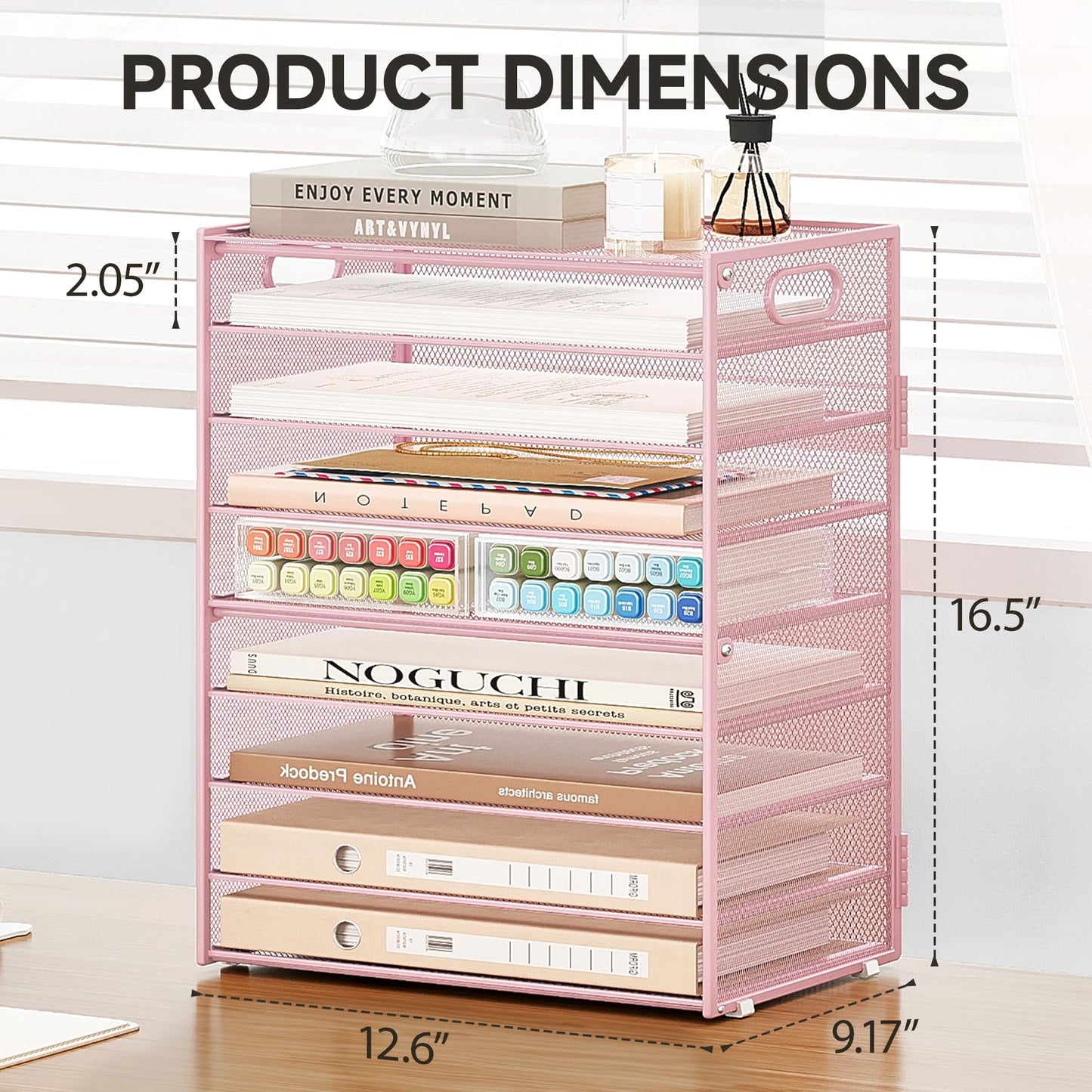 Subekyu 9 Tier Paper Letter File Tray Organizer for Desk, Pink Large Mesh Desk Folder Sorter