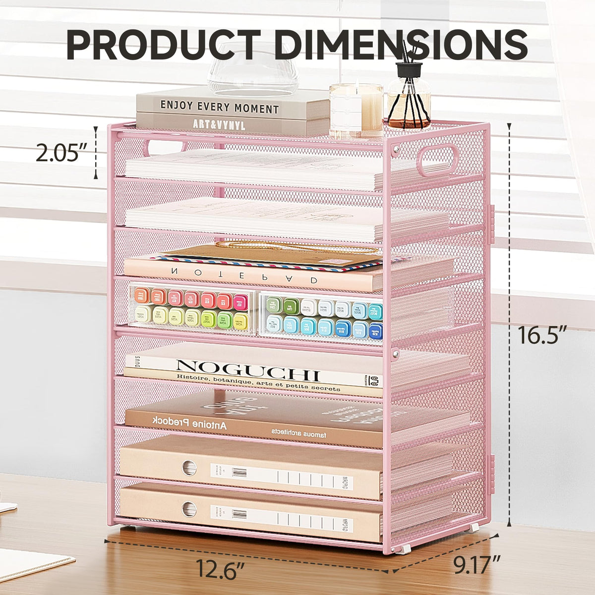 Subekyu 9 Tier Paper Letter File Tray Organizer for Desk, Pink Large Mesh Desk Folder Sorter