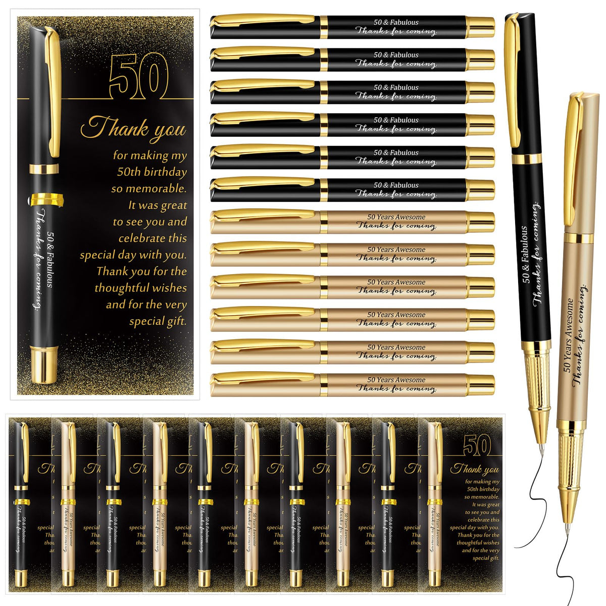 Feifeiya 30 Set 50th Birthday Favors with Black Gold Pens Cards