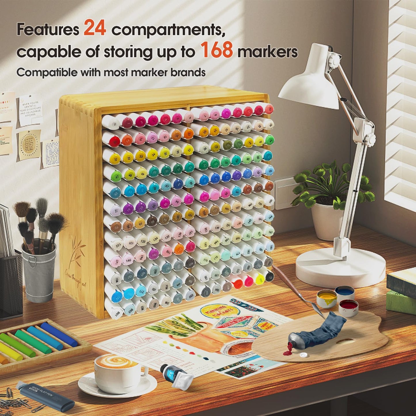 TIKSPCAE Marker Organizer for 168 Markers,Bamboo Wooden Desk Storage Organizer Rack,Markers Pens