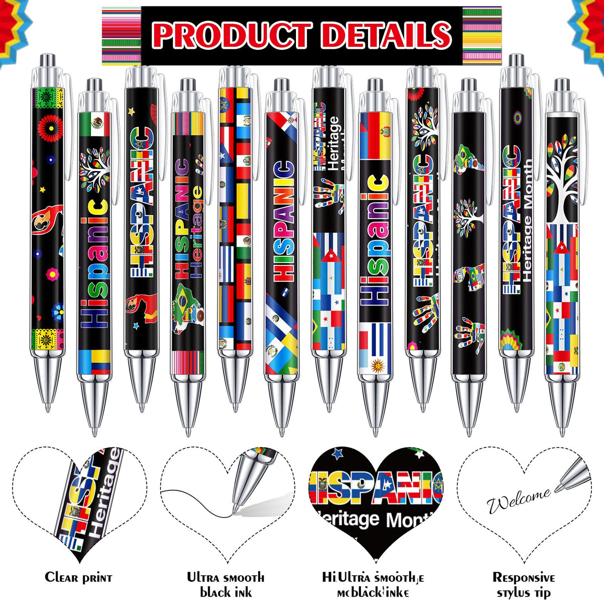 Cholemy 96 Pcs Hispanic Ballpoint Pens Bulk, Latino Flag Retractable Pen