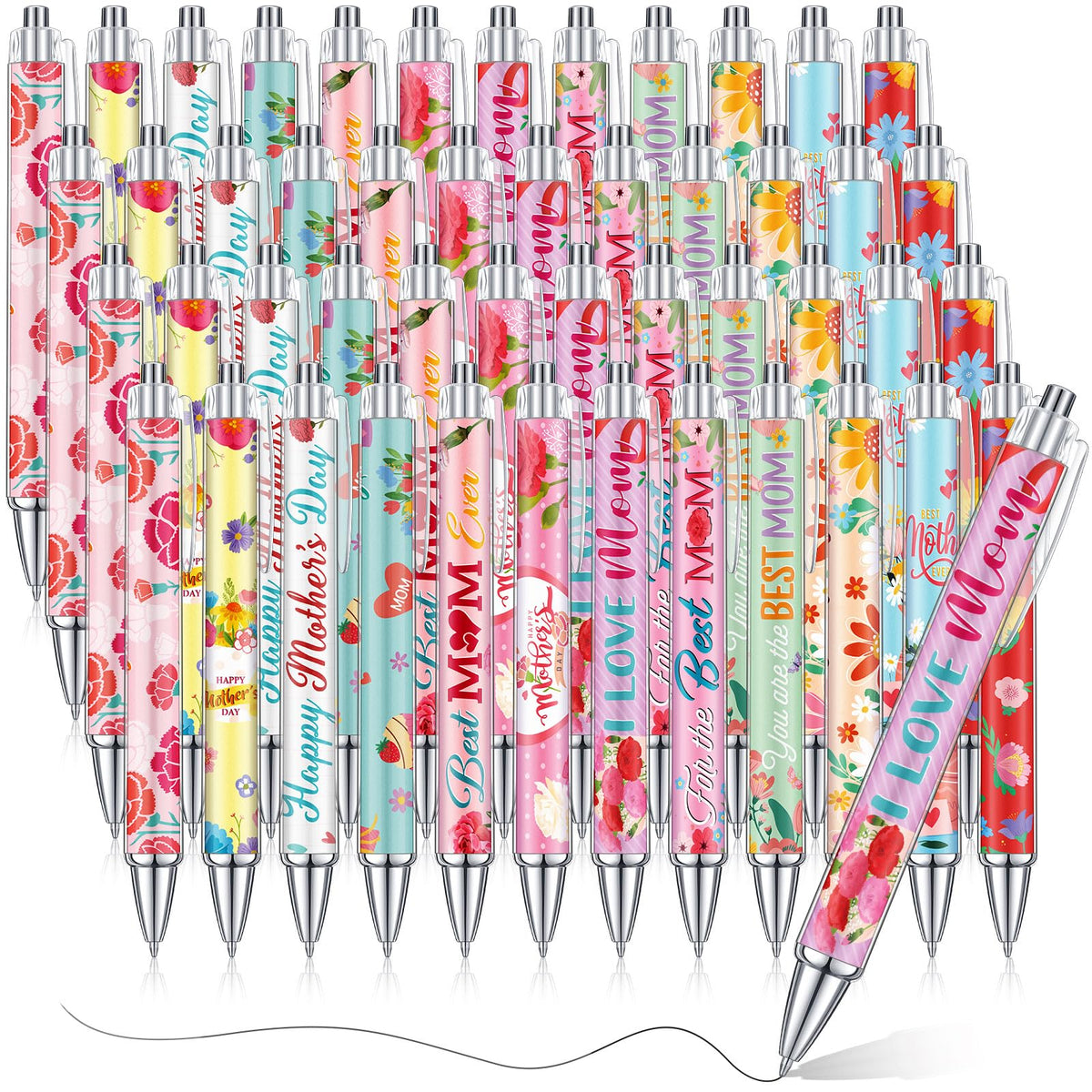 Cholemy 48 Pcs Mother's Day Ballpoint Pens Bulk Flower Happy Mother's Day Writing Pens Best Mom