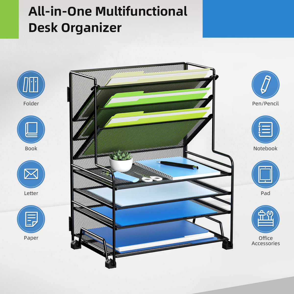 MINDEPOT 4-Tier Paper Organizer + 3-Pocket File Holder + Drawer + Pen Holders, Desktop File
