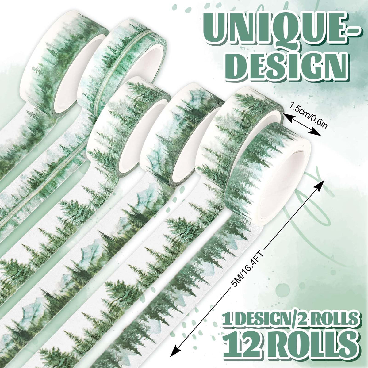 Whaline 12 Rolls Forest Washi Tape Greenery Masking Tape 6 Designs Assorted Nature Green Tree