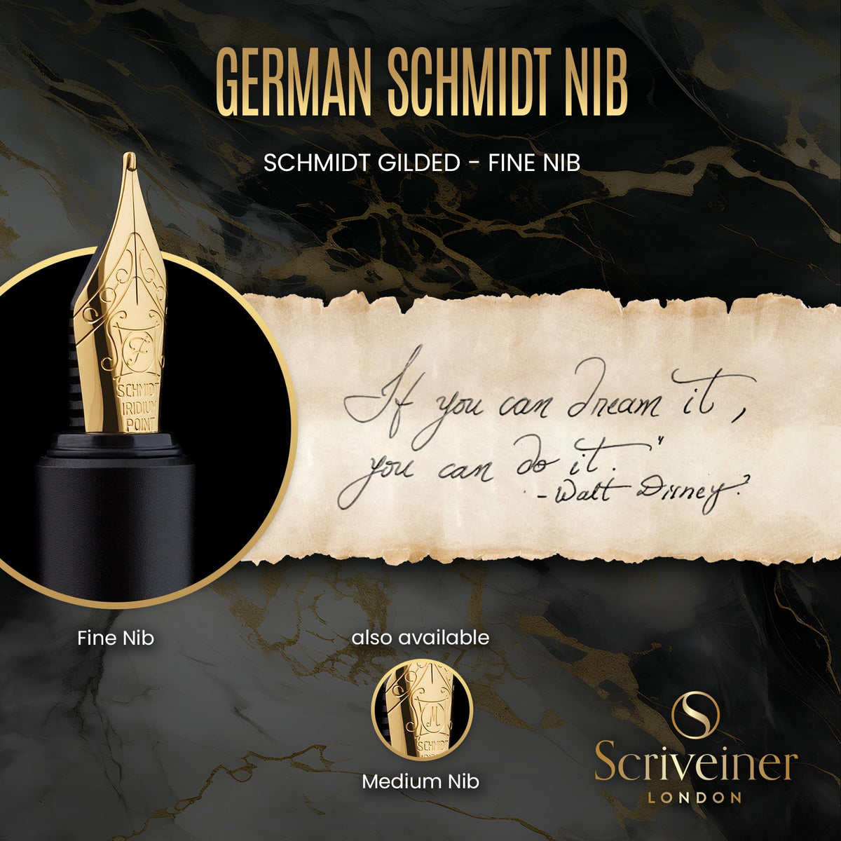 Scriveiner Luxury EDC Fountain Pen (Fine), Stunning Black Pocket Pen with Real Gold Finish, Schmidt