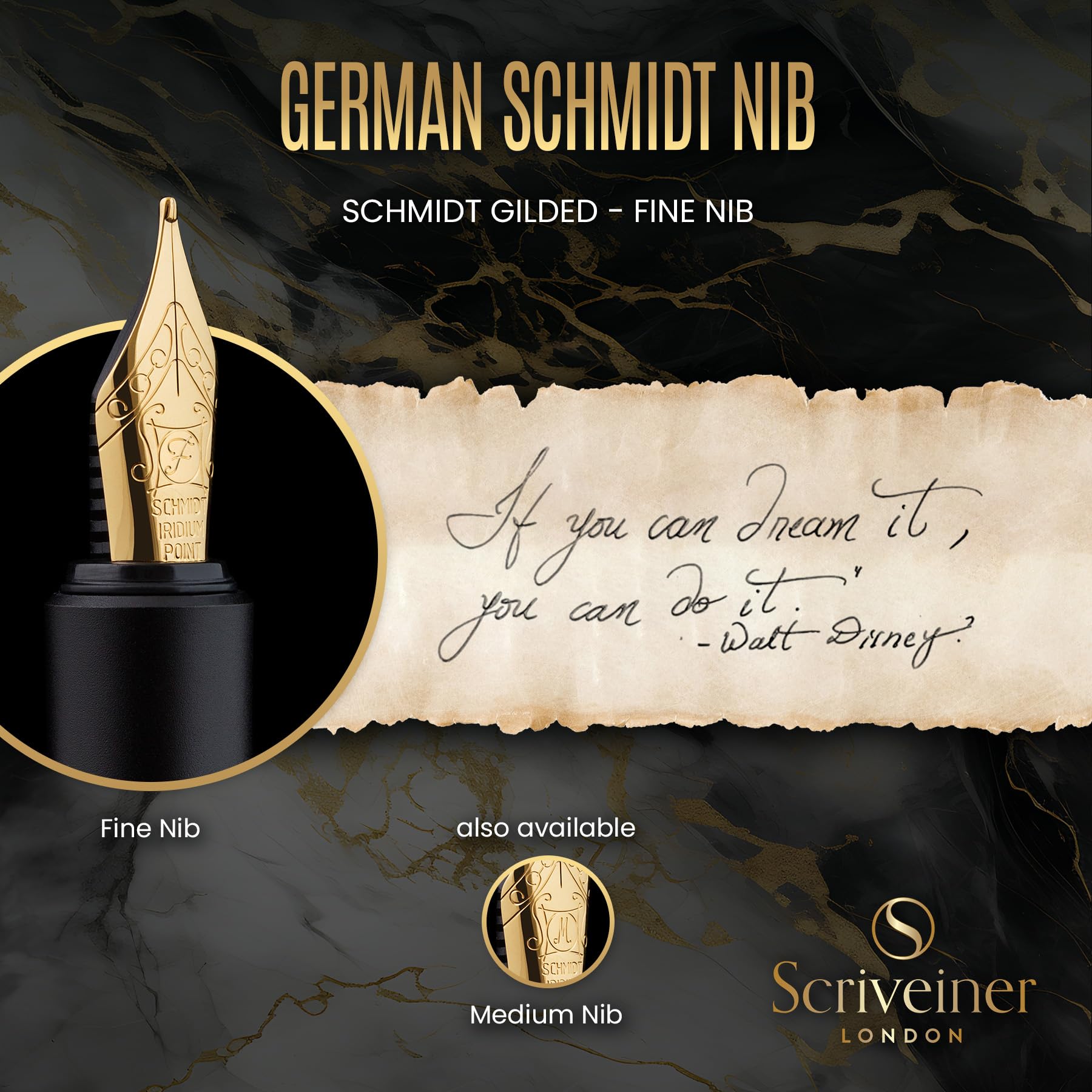 Scriveiner Luxury EDC Fountain Pen (Fine), Stunning Black Pocket Pen with Real Gold Finish, Schmidt