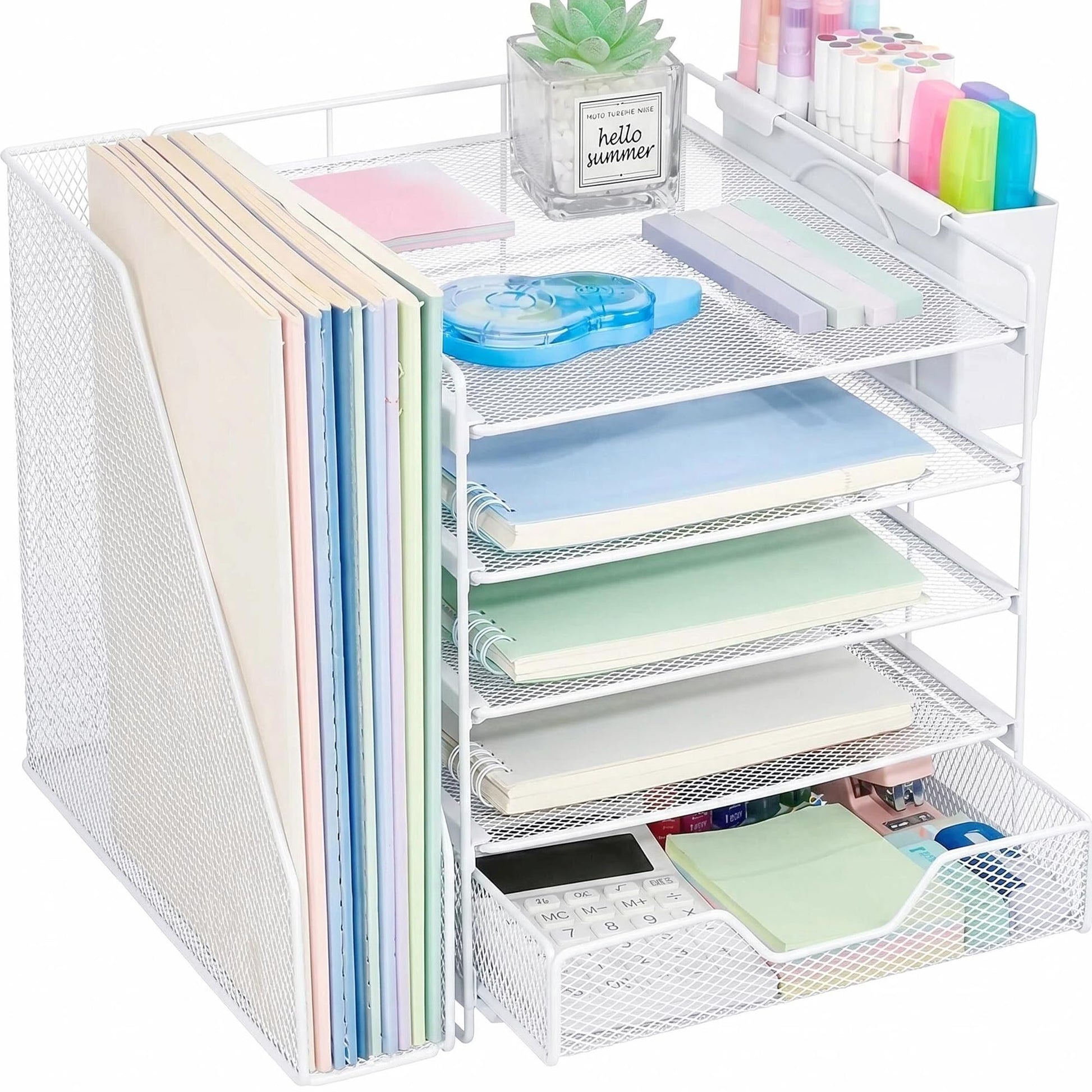 Gugsey 5-Tier Desk File Organizer with Drawer & Pen Holder (White)