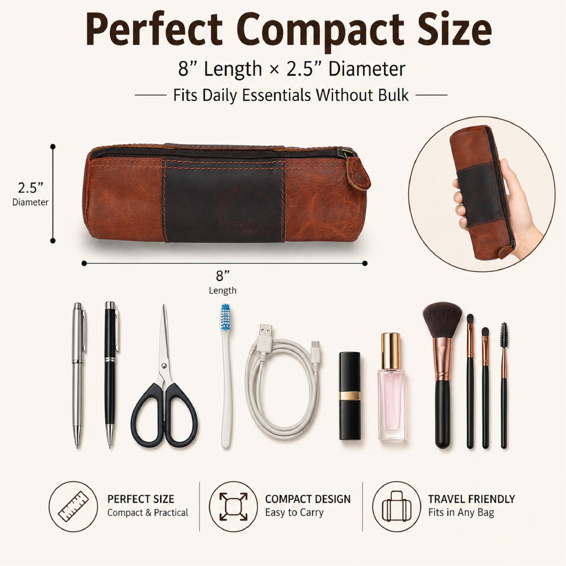 TheAntiq Genuine Leather Pencil Pouch, Handcrafted Zipper Organizer Case with Wrist Strap, Durable