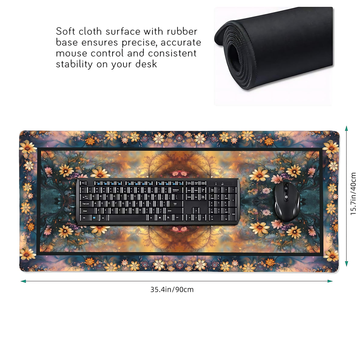 Floral Aesthetic Daisy Gaming Mouse Pad, Gold Blue Rug Desk Mat with Anti-Slip Base & Stitched