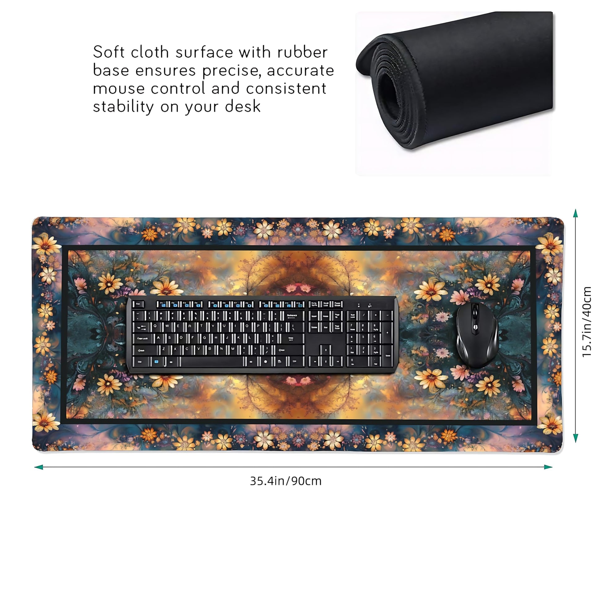 Floral Aesthetic Daisy Gaming Mouse Pad, Gold Blue Rug Desk Mat with Anti-Slip Base & Stitched