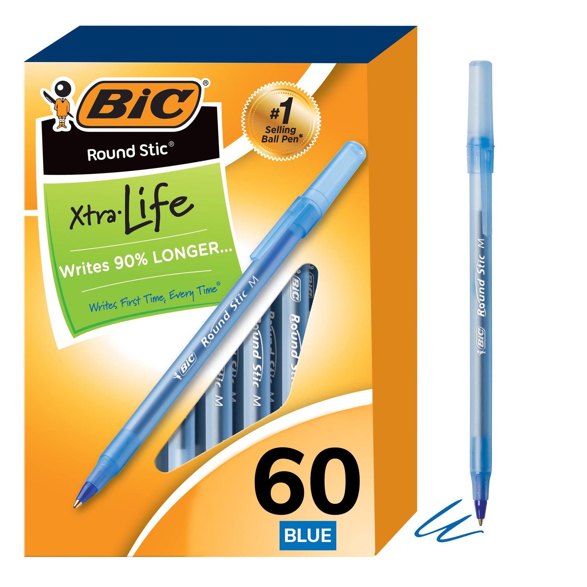 BIC Round Stic Xtra Life Ballpoint Pen, Medium Point (1.0mm), Blue, Flexible Round Barrel For