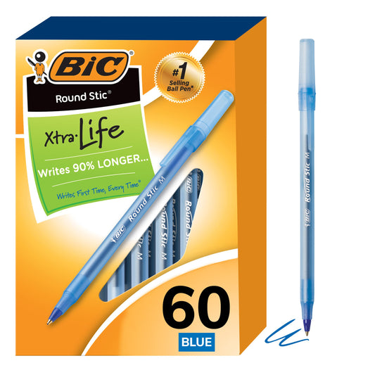 BIC Round Stic Xtra Life Ballpoint Pen, Medium Point (1.0mm), Blue, Flexible Round Barrel For