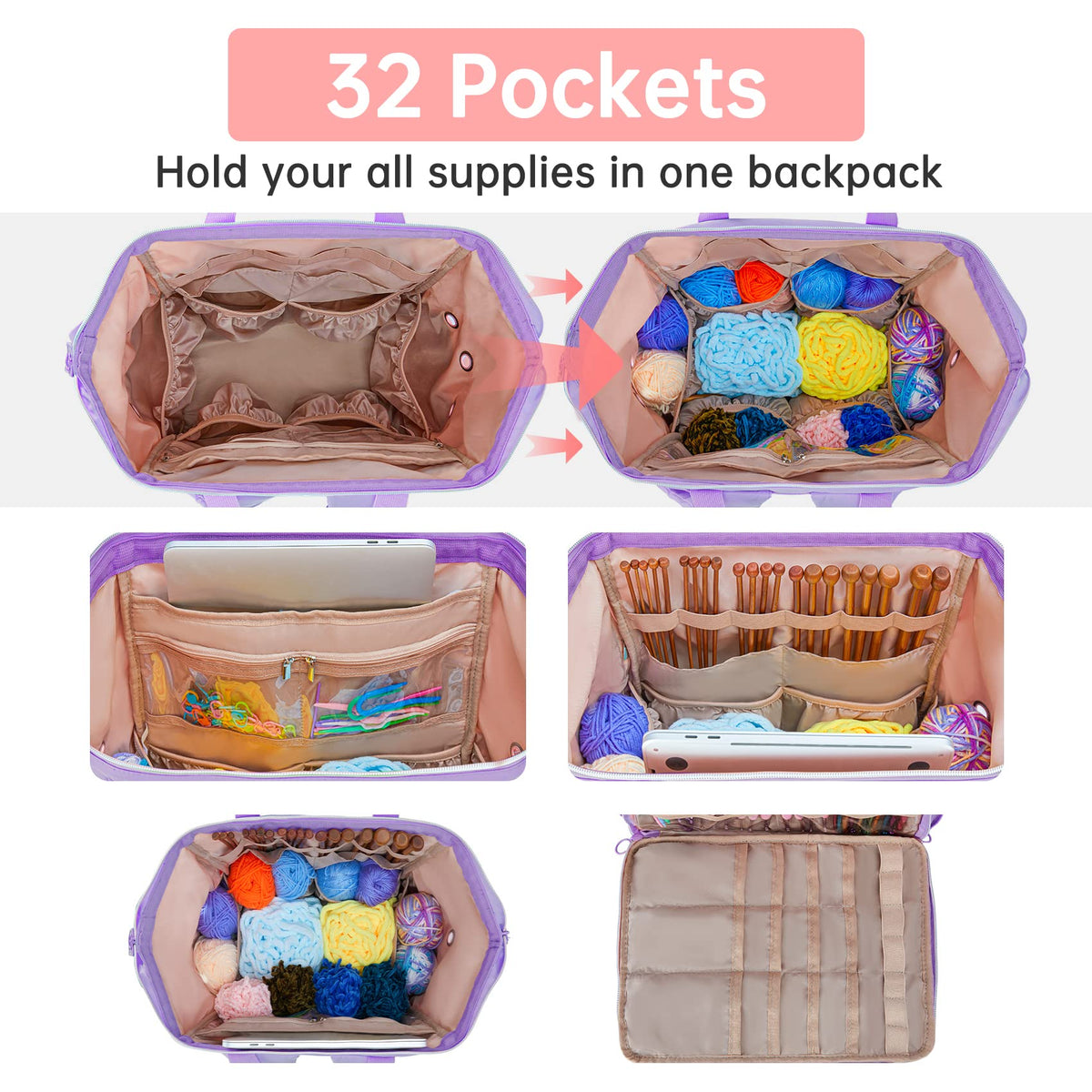 Leudes Knitting Bag Backpack, Yarn Storage Organizer Large Crochet Bag Tote Christmas Gift Yarn