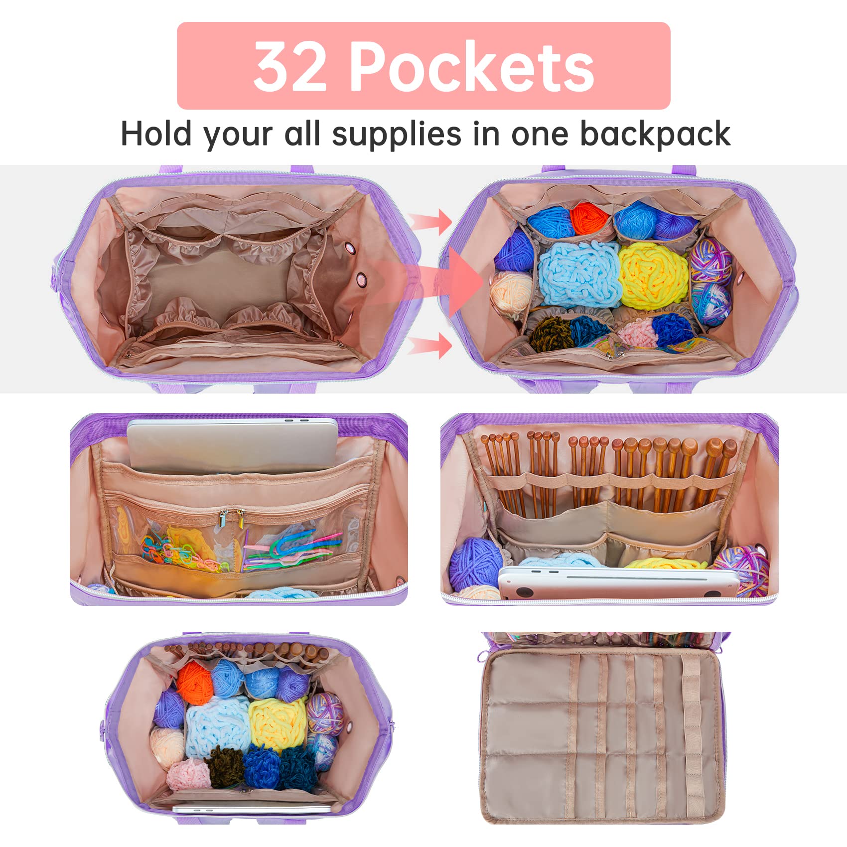Leudes Knitting Bag Backpack, Yarn Storage Organizer Large Crochet Bag Tote Christmas Gift Yarn
