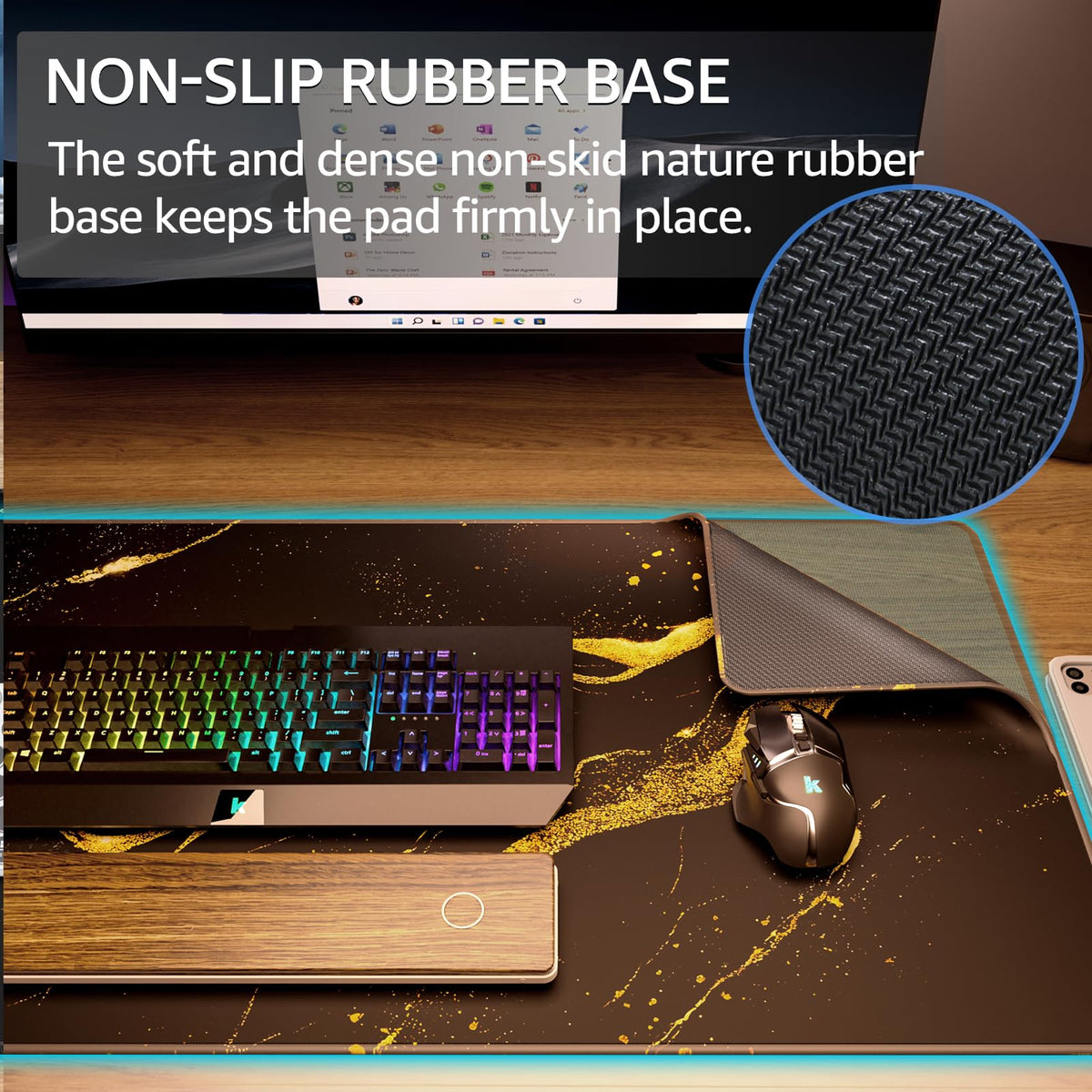 KTRIO Large Gaming Mouse Pad, Desk Mat, 31.5 x 15.7 in Black Gold, XXL
