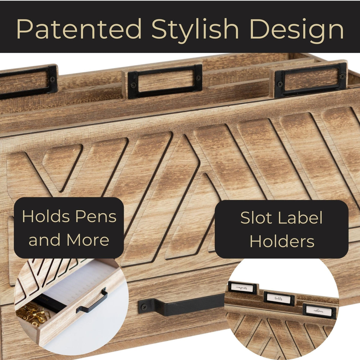 BLU MONACO | Natural Wood Desktop Mail Organizer with Drawer | Three-Tier Mail Sorter with Black