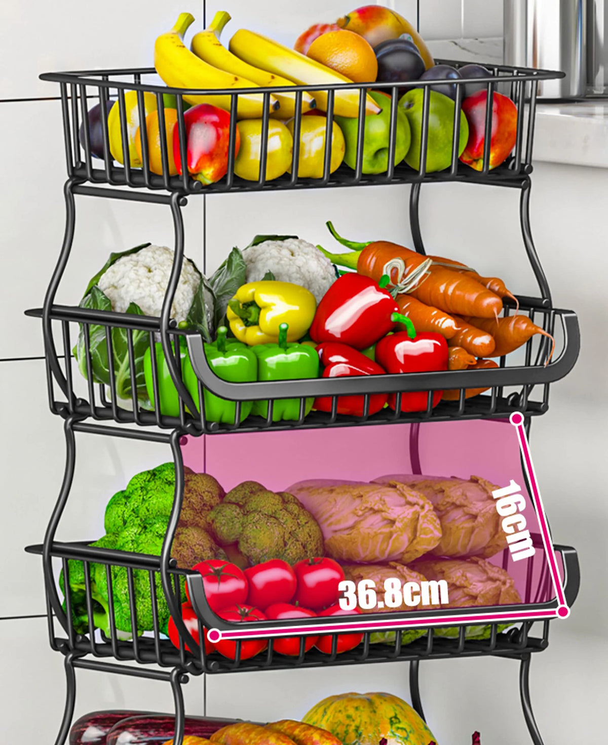 MURRI&MURRDI Fruit Vegetable Storage Baskets with Wheels, 6 Tier Stackable Wire Storage Baskets