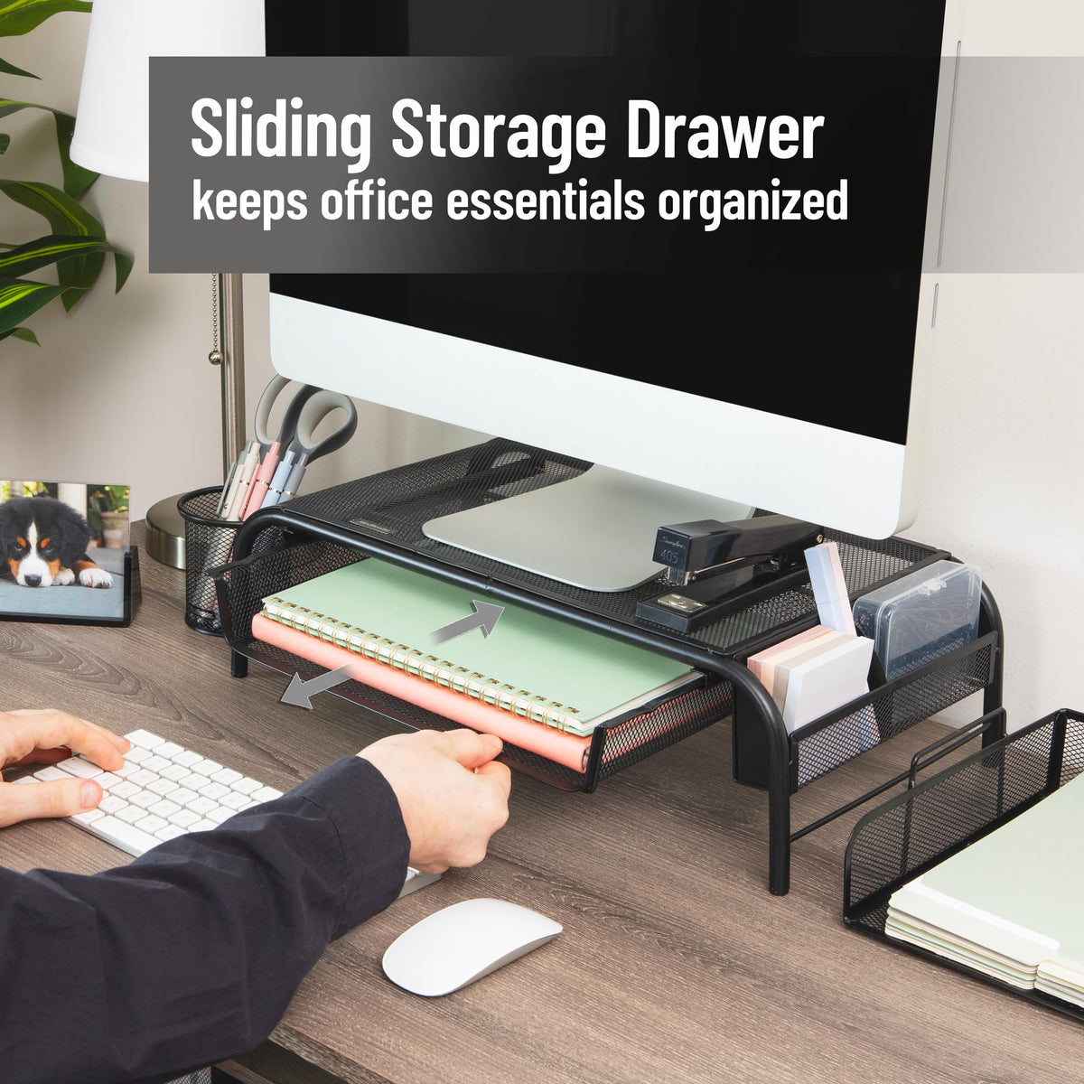 Mind Reader Monitor Stand, Ventilated Laptop Riser, Paper Tray, Storage, Office, Metal Mesh, 20"L x