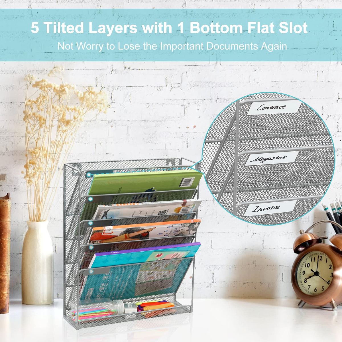 EasyPAG 5 Tier Wall File Holder, Mesh Hanging Folder Organizer with Classify Label, Versatile Desk