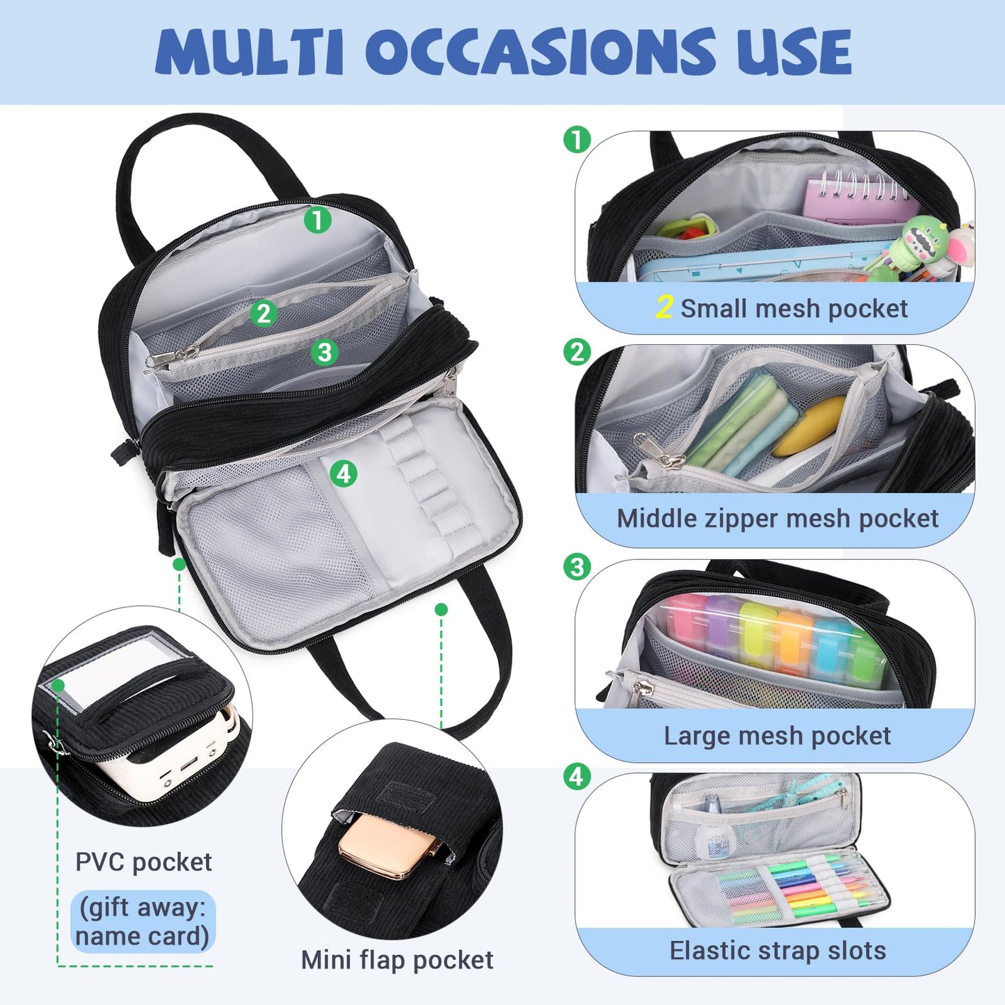 QIXIHU Pencil Case Corduroy Multiple Compartments Pouch Bag for Girl, Black