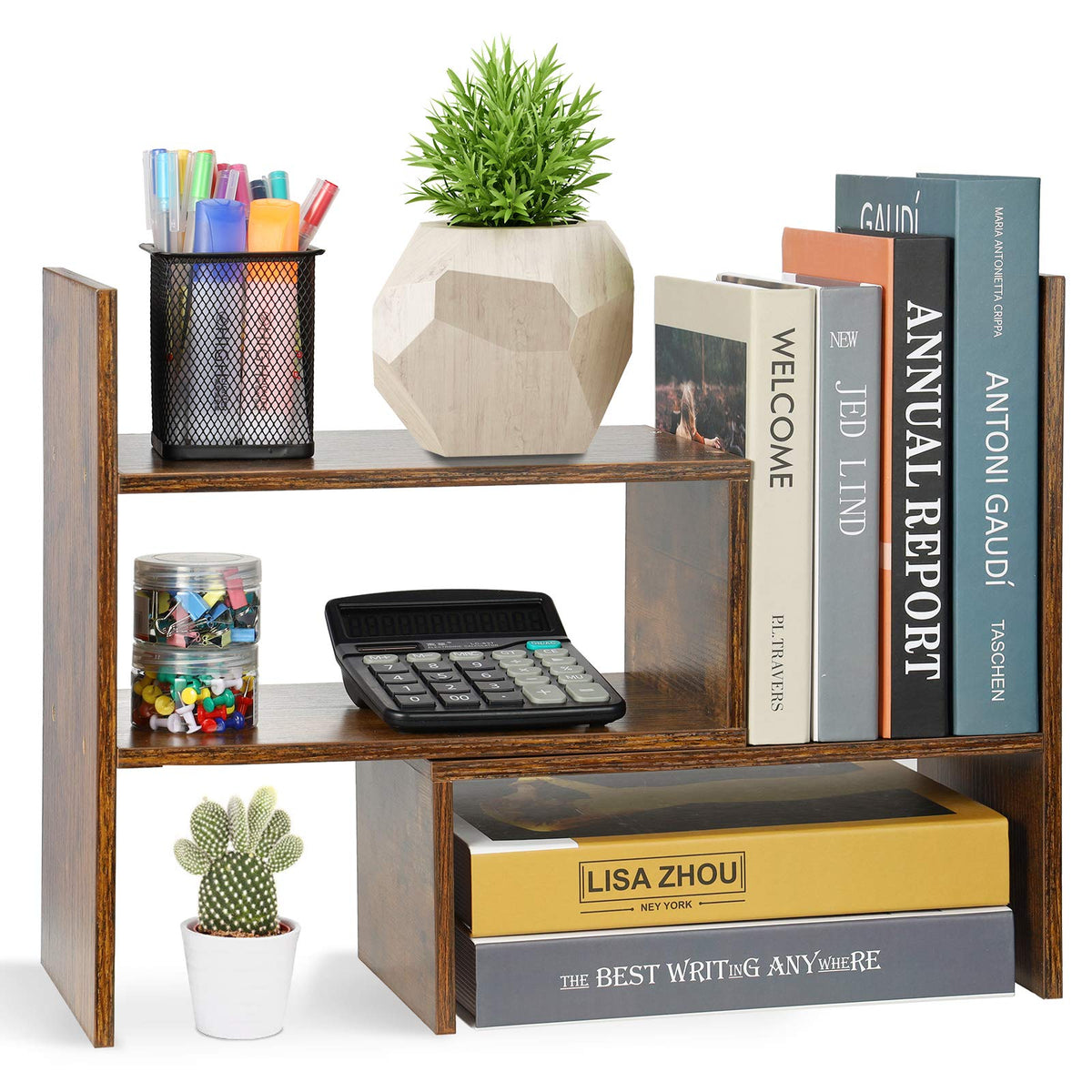 Sorfity Expandable Wood Desktop Bookshelf Desktop Organizer Office Storage Rack Wood Display Shelf