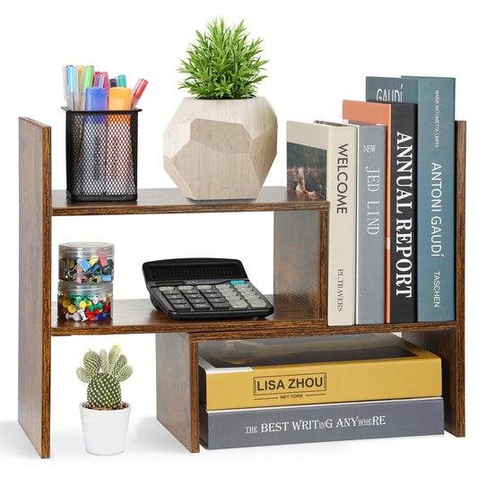 Sorfity Expandable Wood Desktop Bookshelf Desktop Organizer Office Storage Rack Wood Display Shelf