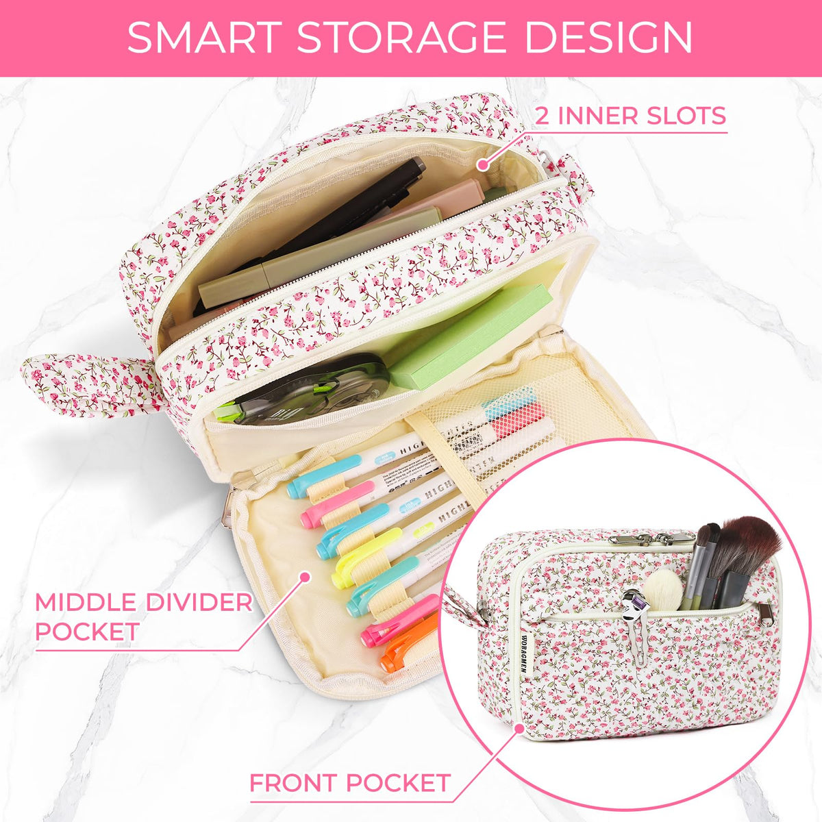 WOBAGMEN Quilted Pencil Pouch, Pink Floral, Girls Women
