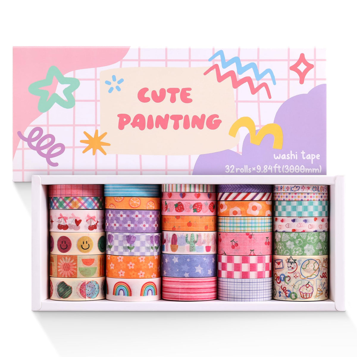 PAGEMORE 32 Rolls Colorful Cute Floral Writable Washi Tape Set, Decorative Tapes for Scrapbooking