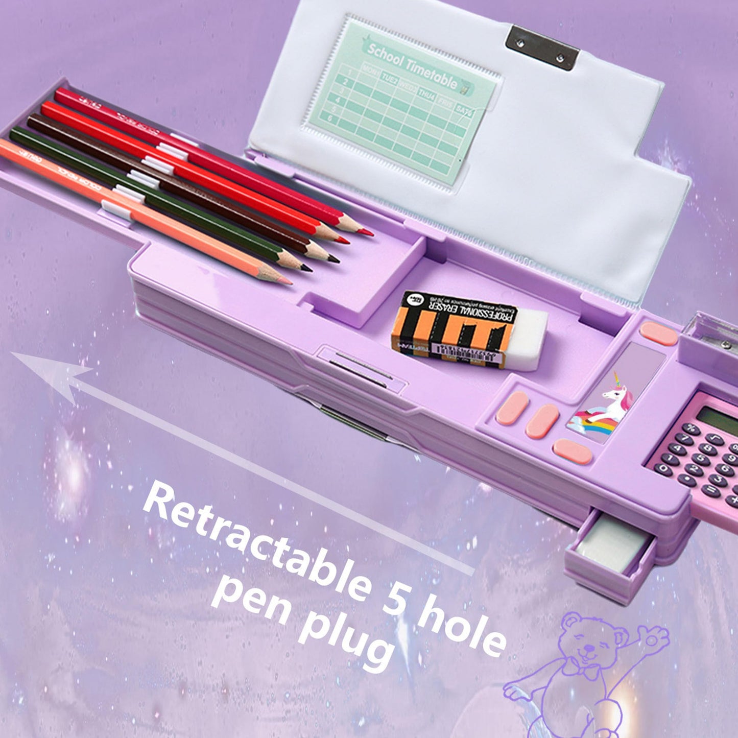 Pop Up Multifunction Pencil Case, Cute Cartoon Pen Box Organizer Stationery with Calculators