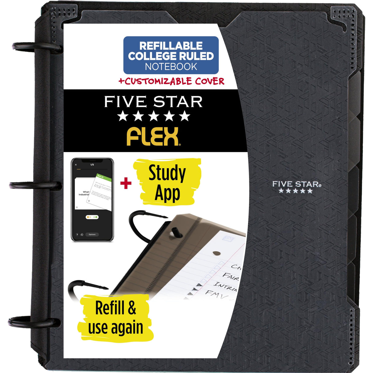 Five Star Flex Refillable Notebook + Study App, College Ruled Paper and 1 Inch TechLock Ring Binder
