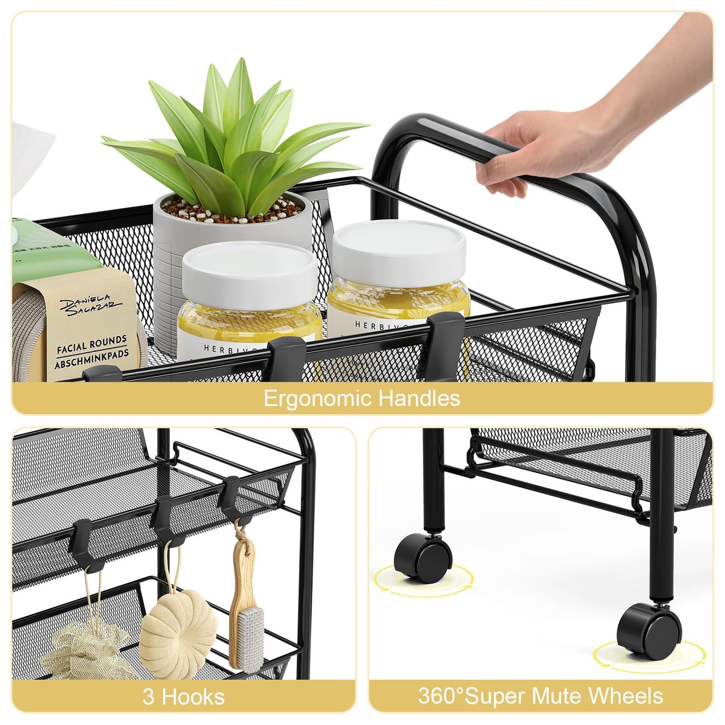 TOOLF 3 Tier Rolling Cart, Metal Utility Storage Cart with Wheels, Black