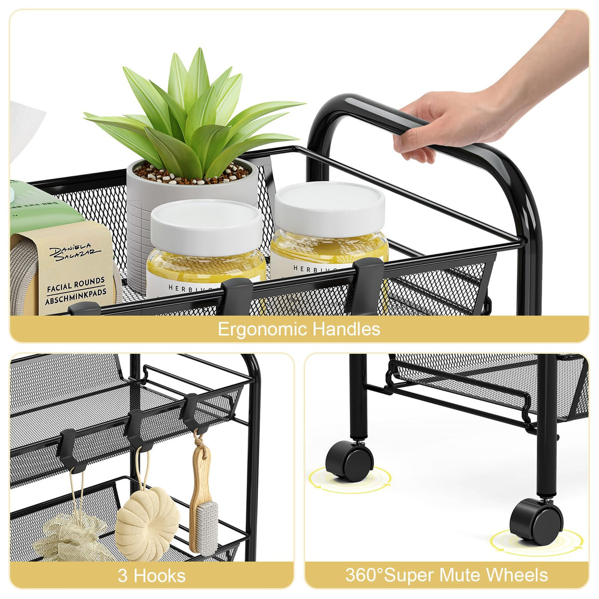 TOOLF 3 Tier Rolling Cart, Metal Utility Storage Cart with Wheels, Black