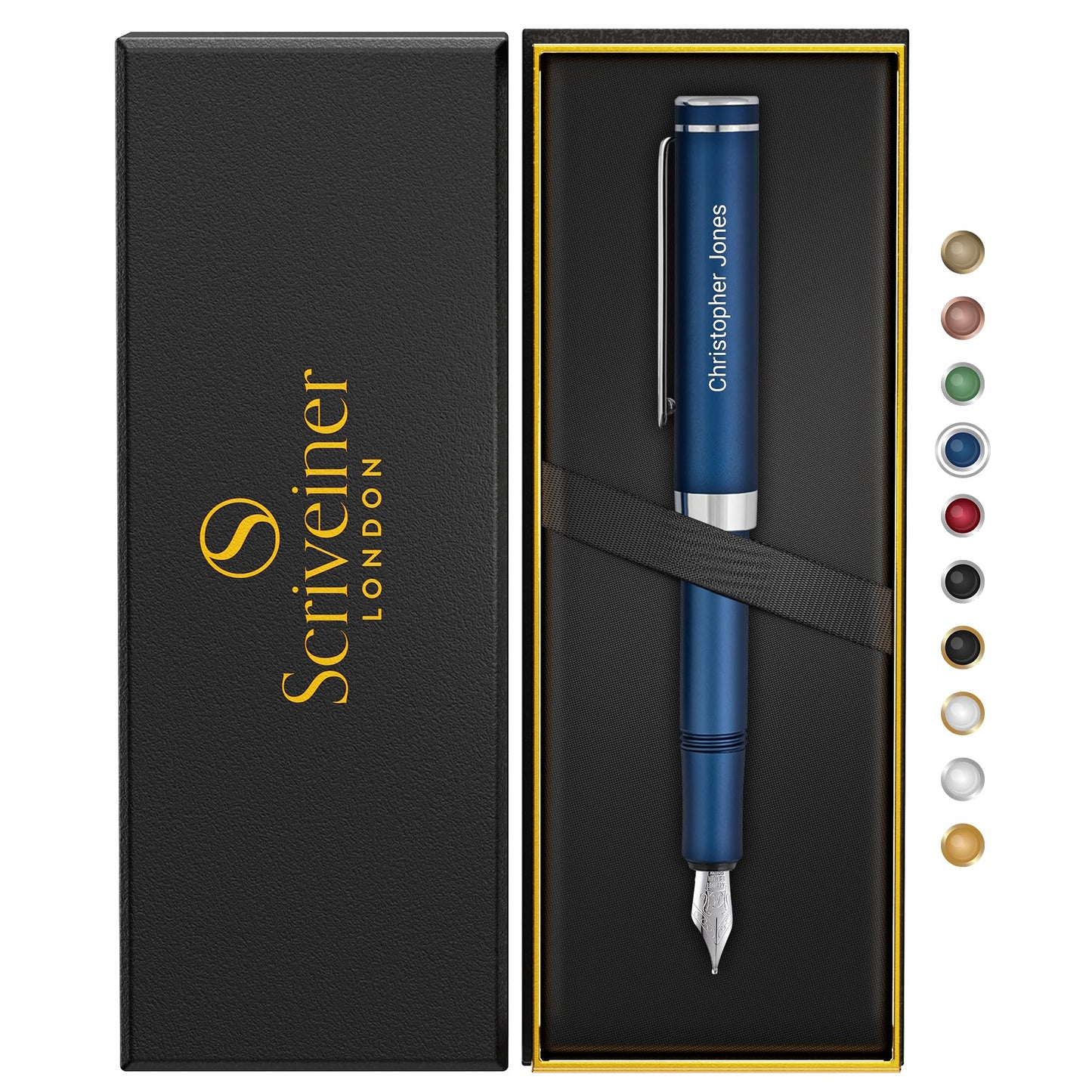 Scriveiner Personalized Luxury EDC Fountain Pen (Medium), Stunning Matt Blue Pocket Pen, Chrome