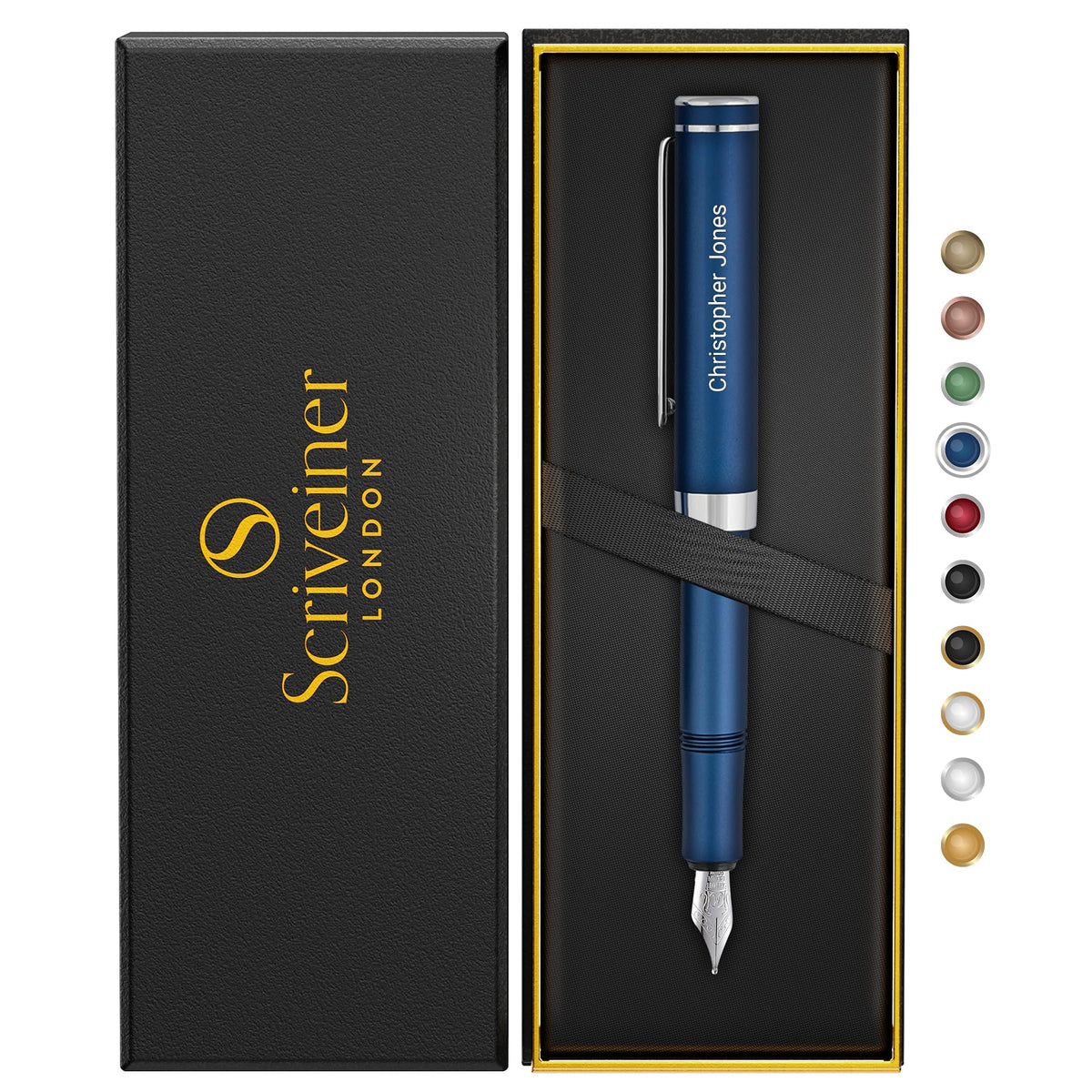 Scriveiner Personalized Luxury EDC Fountain Pen (Medium), Stunning Matt Blue Pocket Pen, Chrome