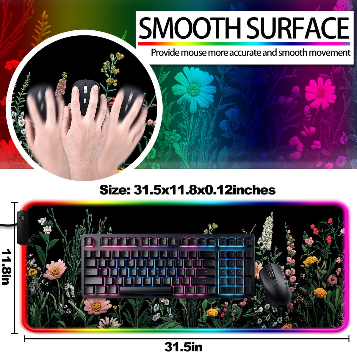 JIANG100 RGB Blooming Wildflowers Gaming Desk Mat & XL Mouse Pad, Black