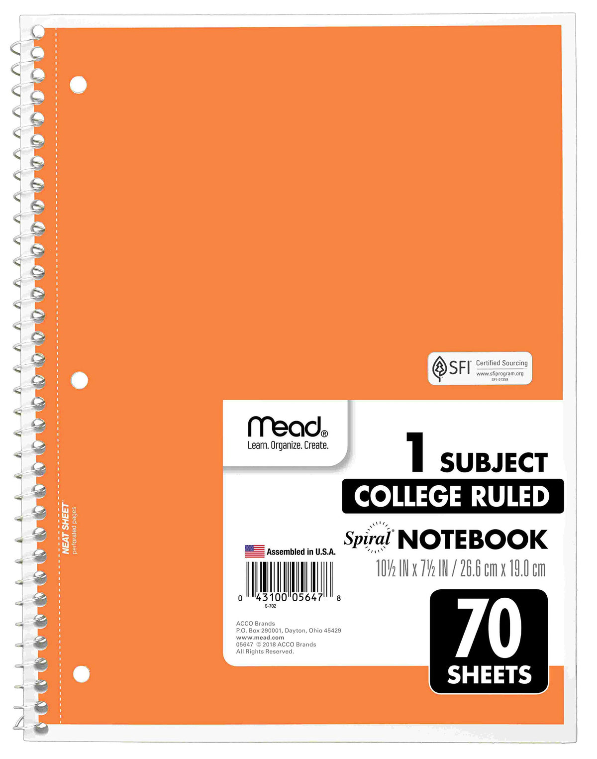 Mead Spiral Notebooks, 6 Pack, 1-Subject, College Ruled Paper, 10-1/2" x 8”, 70 Sheets per
