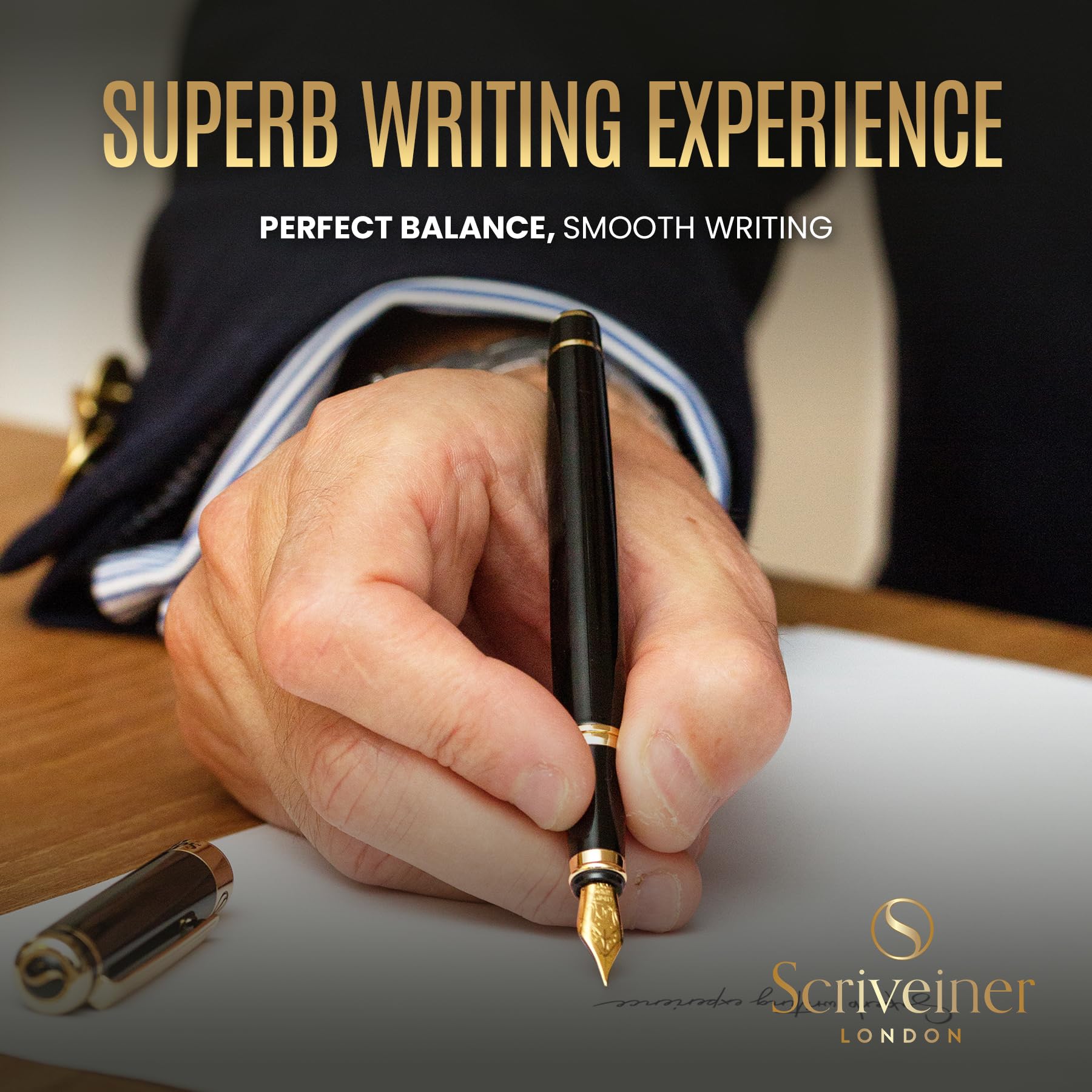 Scriveiner Luxury Fountain Pen - Stunning Black Lacquer Pen, Real Gold Finish, Schmidt Gilded Nib