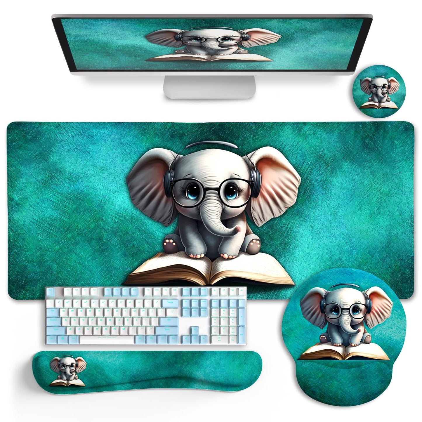 LIMKRIAN Large Desk Mat Set, Mouse Pad with Wrist Rest, Cute Elephant